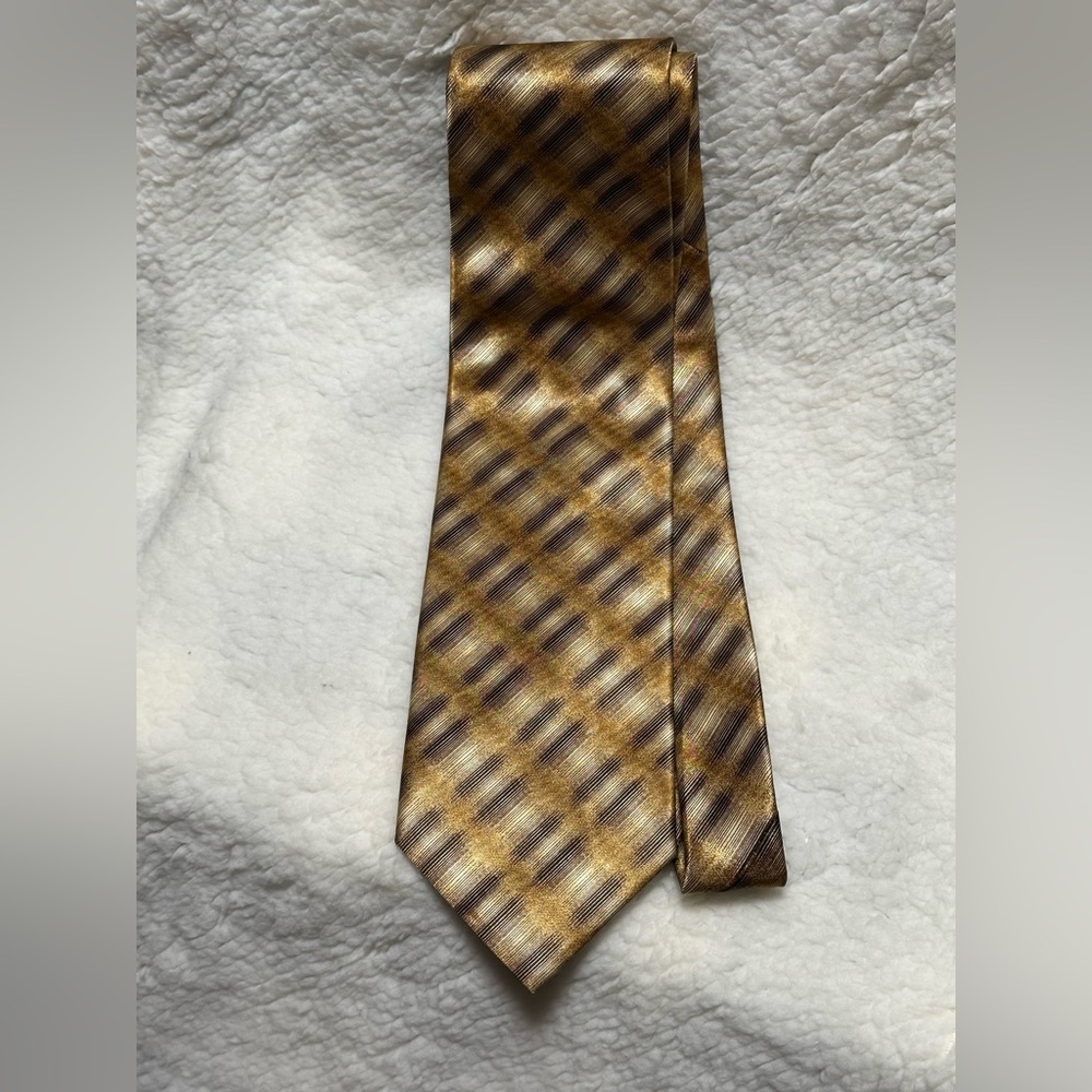 Yves Saint Laurent YSL Men’s Necktie 100% Silk Gold & Brown Diagonal Plaid